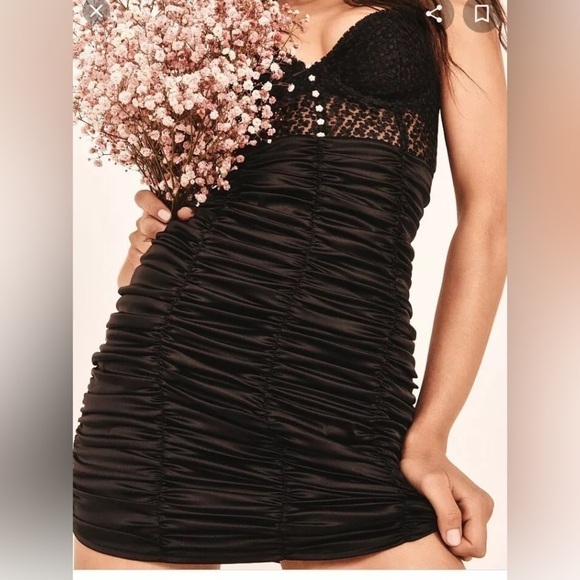 For Love & Lemons XS Black Lace & Ruched Satin Slip Mini Dress Whimsigoth Fairy - Picture 2 of 14